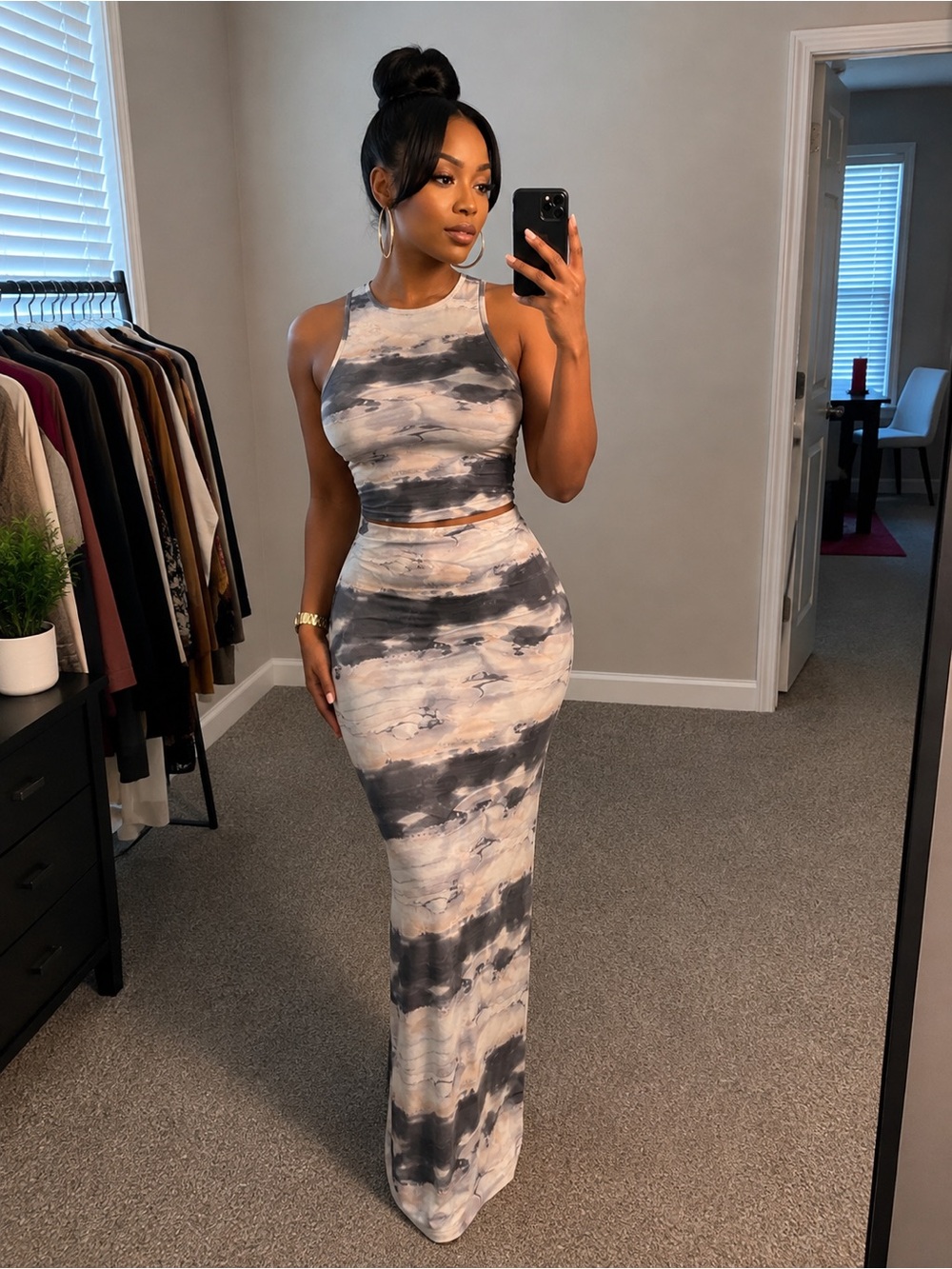 Justify Grey and Cream Tie-Dye High-Waist Maxi Skirt